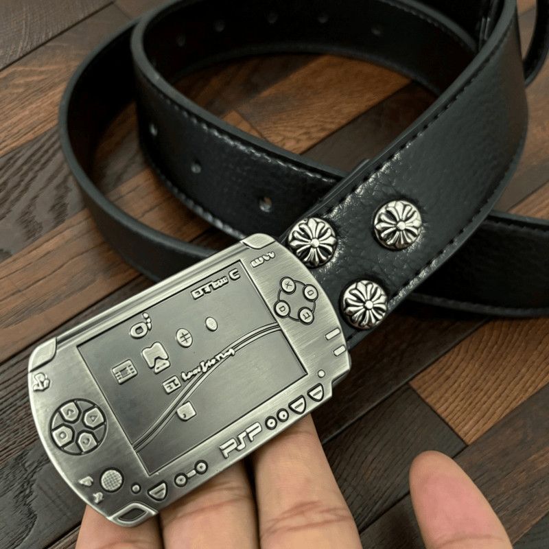PSP Game Console Buckle Belt Matte Black Metal Punk Leather Belt