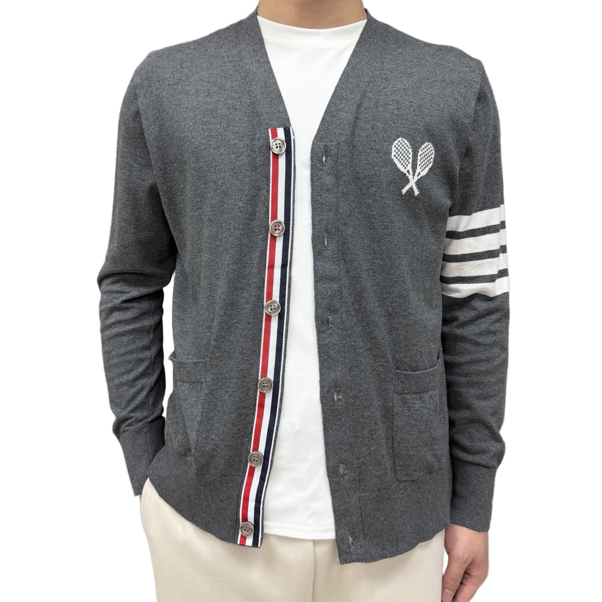 Tennis Racket Jacquard V-Neck Knit Cardigan | Thom Browne