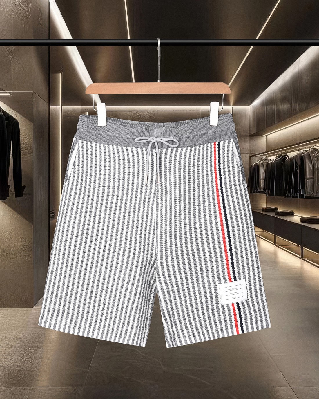 Thom Browne Style Four-Bar Stripe Knit Shorts