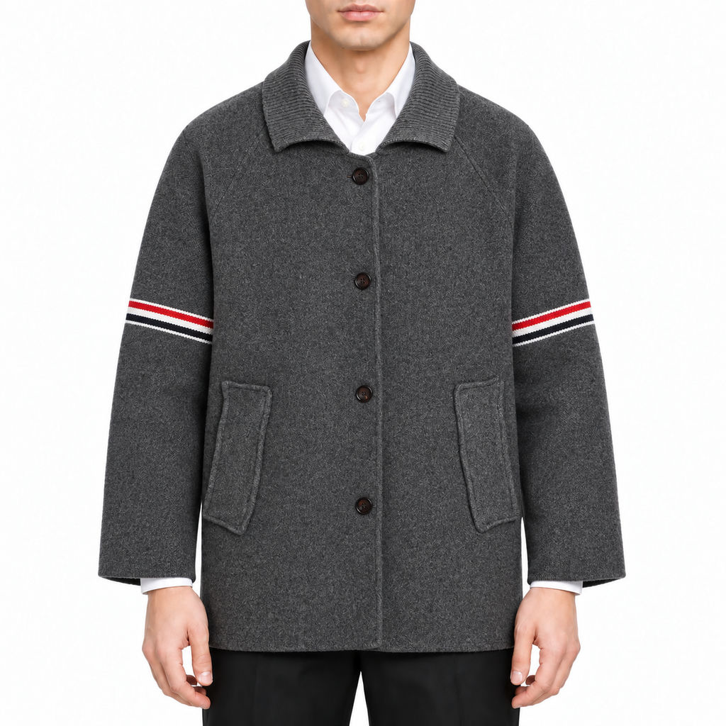 Unisex wool coat with webbing sleeves | Thom Browne