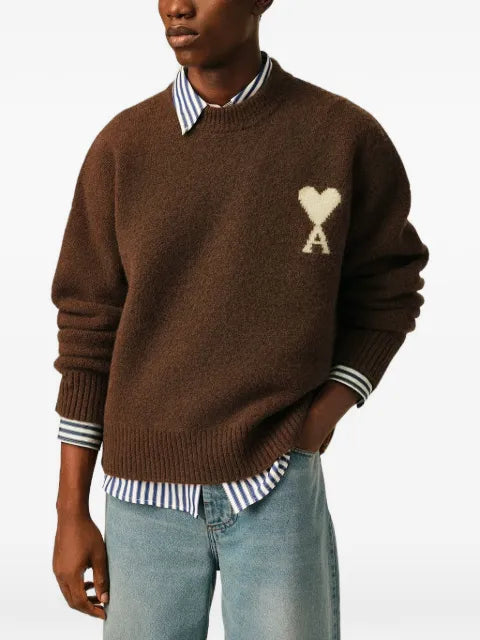 AMI Paris brown crewneck alpaca sweater with Ami de Coeur