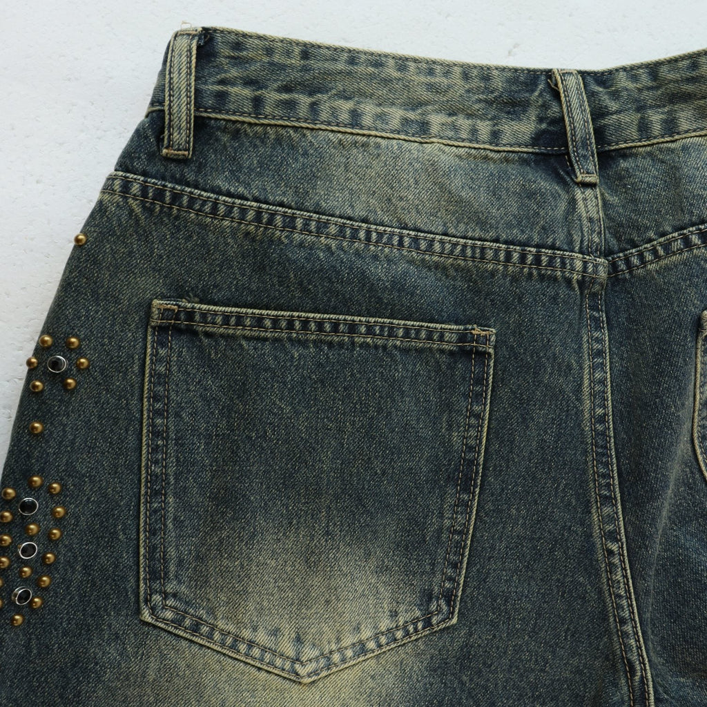 VALLEY Studded Distressed Washed Denim Shorts
