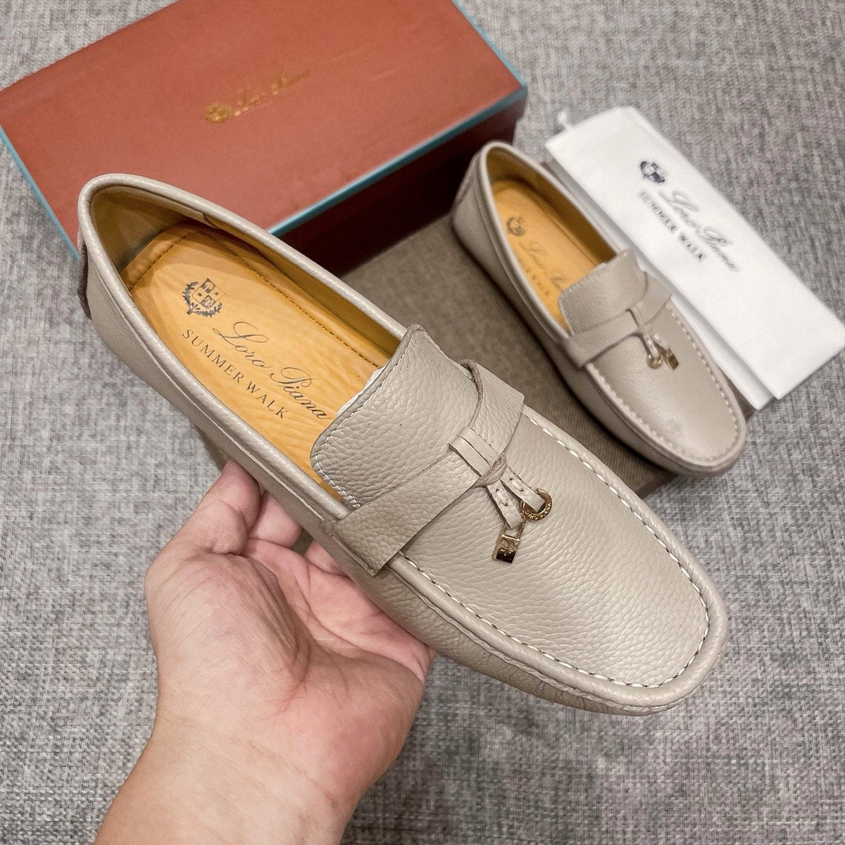 Loro Piana Men's Light Gray Metal-Accent Driving Loafers