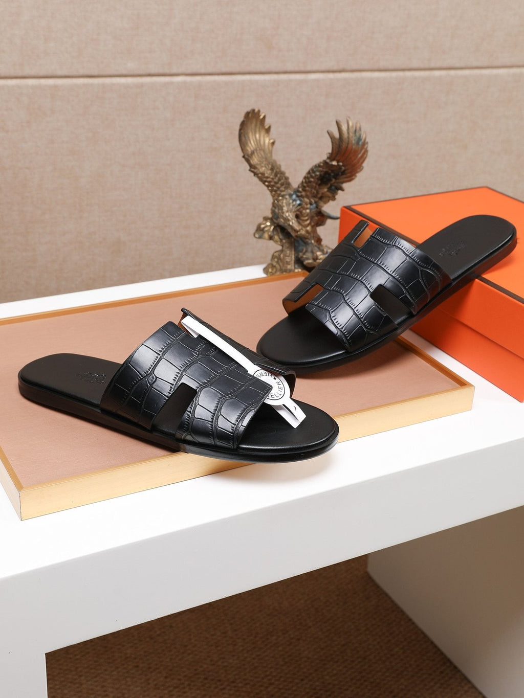 Hermes Textured H Slide Sandals