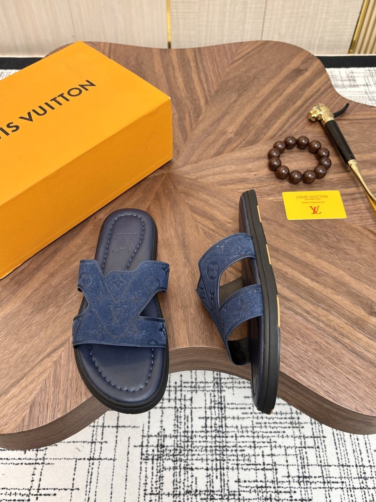 Louis Vuitton Embossed Navy Blue Slide Sandals